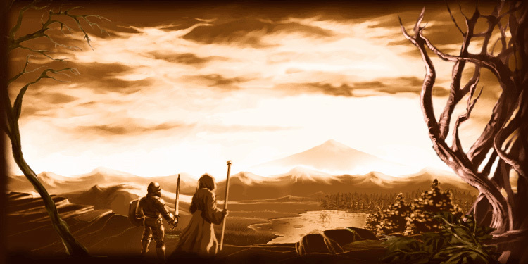 Painting of  warrior and wizard looking out over a wilderness